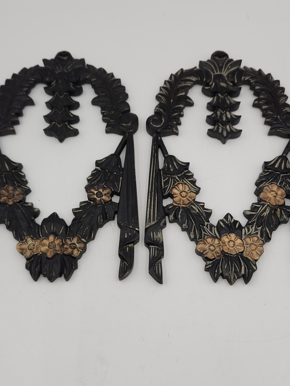 2 antique black vintage carved wooden resin decorative wall accent pediment bow